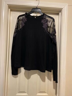 Free People Black Long Sleeve Top with Purple Floral Mesh Insets